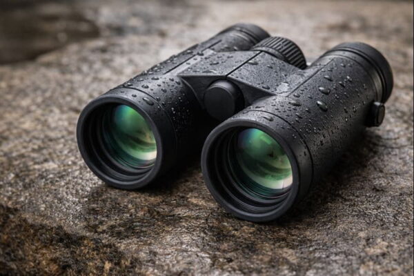 Detailaufnahme eines 8x42-Fernglases mit vergüteten Linsen, Fokussierrad und wasserdichtem Gehäuse