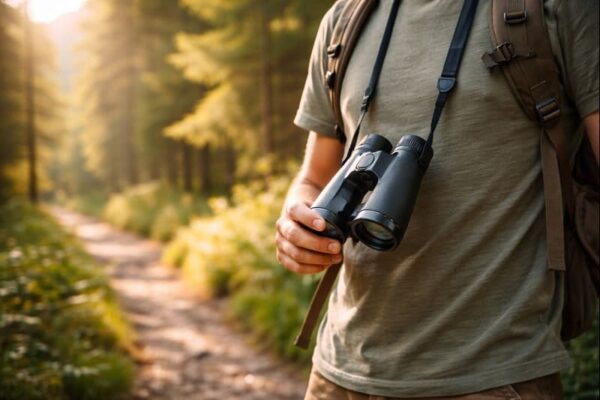 Leichtes Fernglas 8x42 bei einer Naturtour bequem getragen und einhändig genutzt