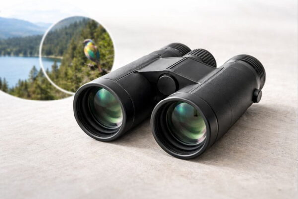 Fernglas 8x42 mit sichtbaren Objektivlinsen zur Erklärung von Vergrößerung und Objektivdurchmesser
