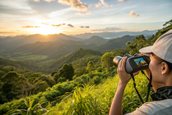 Person nutzt ein modernes Fernglas mit Kamera auf einem Hügel, um bei Sonnenuntergang eine Berglandschaft zu beobachten.