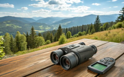 Modernes Fernglas mit Kamera auf Holztisch vor einer Naturlandschaft mit Wald und blauem Himmel – ideal für Natur- und Tierbeobachtung.