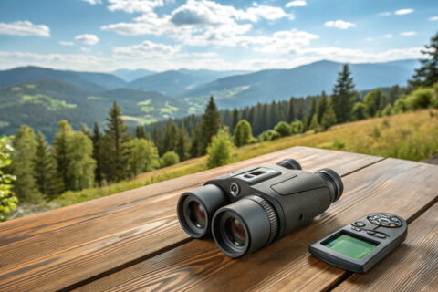 Modernes Fernglas mit Kamera auf Holztisch vor einer Naturlandschaft mit Wald und blauem Himmel – ideal für Natur- und Tierbeobachtung.