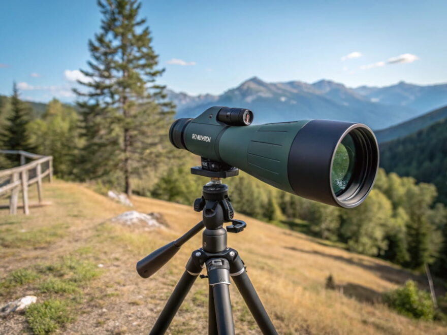 Spektiv auf einem Stativ in der Natur, ideal für Vogelbeobachtung und Landschaftserkundung.