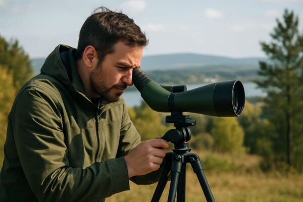 Spektiv kaufen – Einsatz in der Natur zur Beobachtung Person nutzt ein Spektiv in der Natur – Spektiv kaufen für Vogel- oder Landschaftsbeobachtung