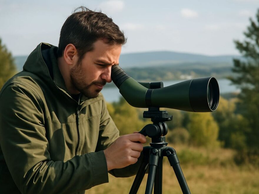 Person nutzt ein Spektiv in der Natur – Spektiv kaufen für Vogel- oder Landschaftsbeobachtung