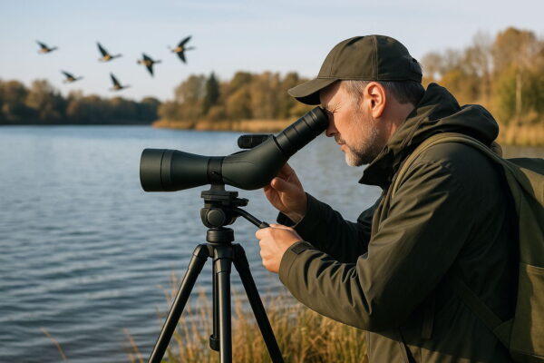 Spektiv für die Vogelbeobachtung in der Natur Spektiv für die Vogelbeobachtung am Seeufer mit Vögeln im Hintergrund