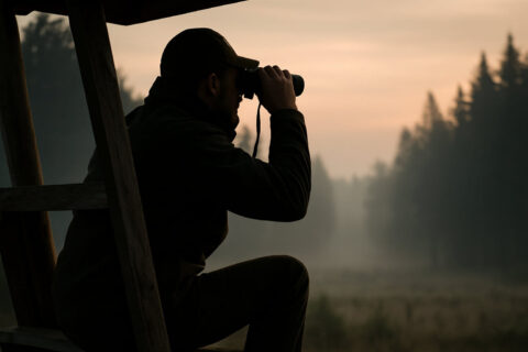 Jäger mit Jagdfernglas auf Hochsitz in der Dämmerung