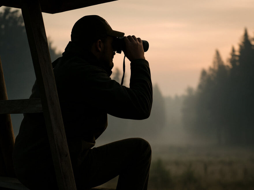 Jäger mit Jagdfernglas auf Hochsitz in der Dämmerung