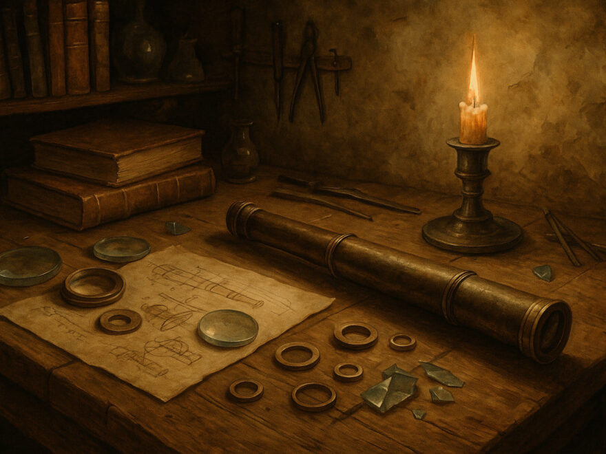 Frühe optische Werkstatt, in der lange vor dem Fernglas erfunden wurde, mit Linsen, Glas und einem alten Fernrohr auf Holztisch