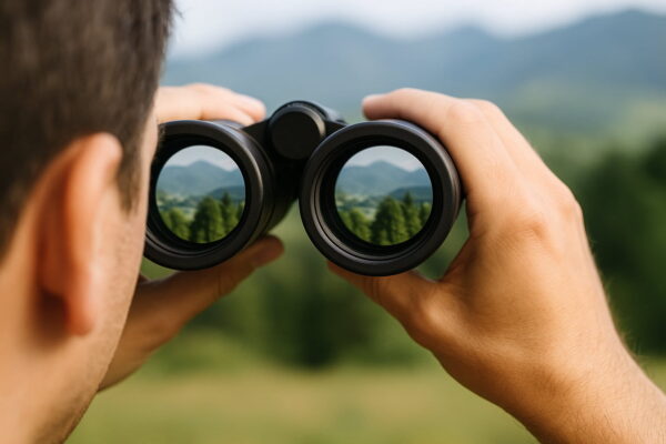 Doppelbild beim Fernglas: So sieht das Phänomen aus Doppelbild beim Fernglas – Beispielansicht mit doppelt überlagertem Motiv in der Ferne