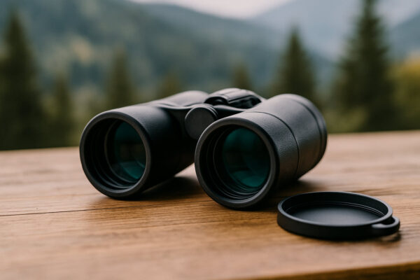 Fernglas optische Leistung – Bildqualität im Detail Fernglas mit sichtbaren Objektivlinsen, Symbol für hohe optische Leistung und Bildqualität