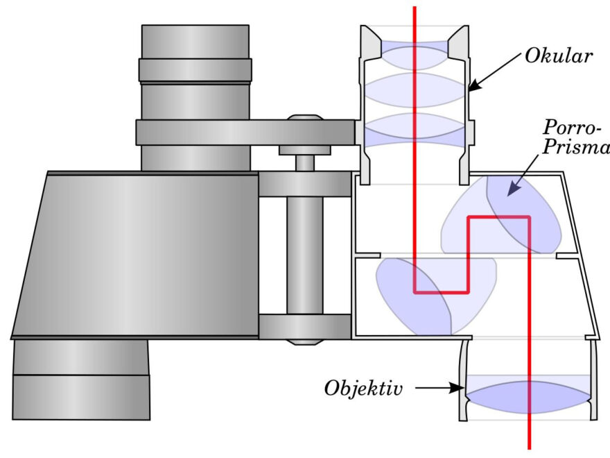 Aufbau eines Fernglases mit Porro-Prismen und Lichtweg