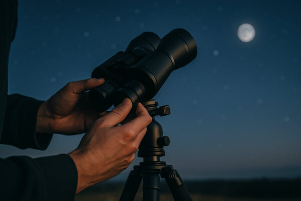 Person stellt ein Astronomie Fernglas auf einem Stativ scharf, um es für die Sternbeobachtung richtig zu stabilisieren und zu fokussieren.