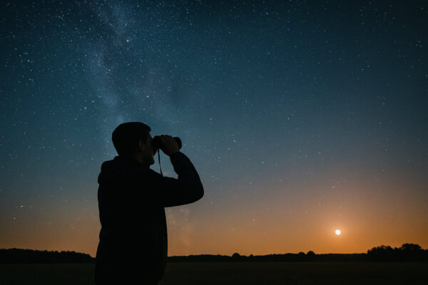 Person beobachtet mit einem Astronomie Fernglas den Sternenhimmel und nutzt es als einfachen Einstieg in die Astronomie.