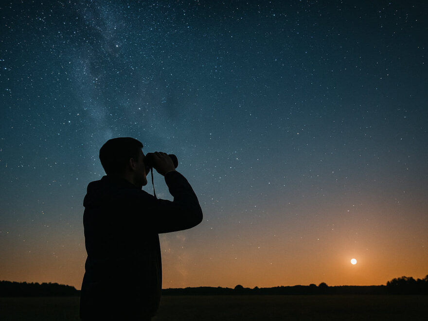 Person beobachtet mit einem Astronomie Fernglas den Sternenhimmel und nutzt es als einfachen Einstieg in die Astronomie.
