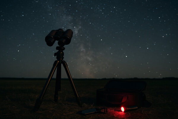Astronomie Fernglas mit passendem Zubehör wie Stativ, Smartphone-Adapter und roter Taschenlampe für erfolgreiche Sternbeobachtungen.