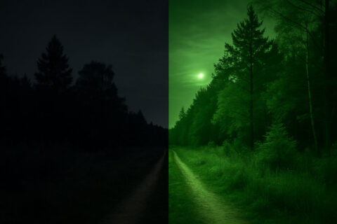 Split-Screen-Bild zeigt dunkle Nachtszene und verstärkte Darstellung durch Nachtsichtgerät