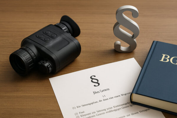 Nachtsichtgerät neben Gesetzbuch als Symbol für rechtliche Regeln in Deutschland